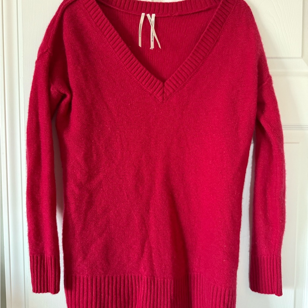 Anthropologie Red V-Neck Sweater with Ribbed Detailing